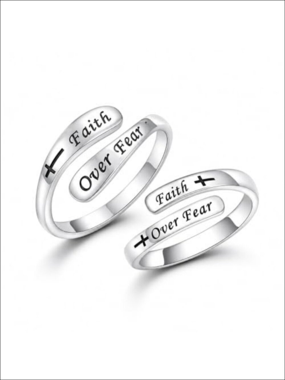 Stainless Steel Faith Over Fear Cross Ring Set Adjustable Open Band Christian